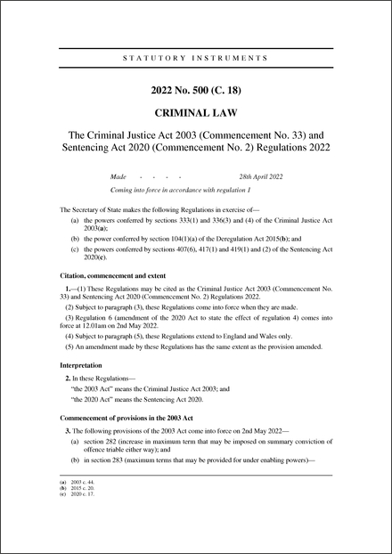 The Criminal Justice Act 2003 (Commencement No. 33) and Sentencing Act 2020 (Commencement No. 2) Regulations 2022