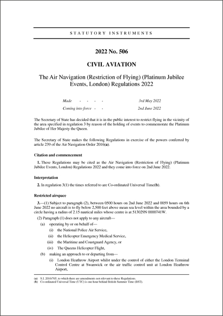 The Air Navigation (Restriction of Flying) (Platinum Jubilee Events, London) Regulations 2022