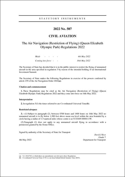 The Air Navigation (Restriction of Flying) (Queen Elizabeth Olympic Park) Regulations 2022