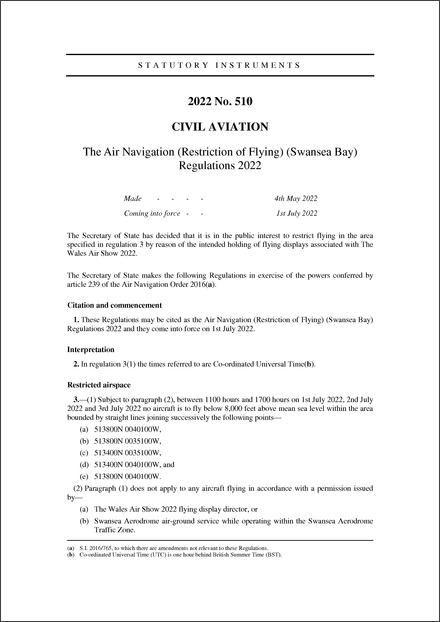 The Air Navigation (Restriction of Flying) (Swansea Bay) Regulations 2022