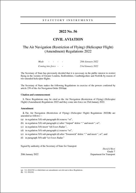 The Air Navigation (Restriction of Flying) (Helicopter Flight) (Amendment) Regulations 2022