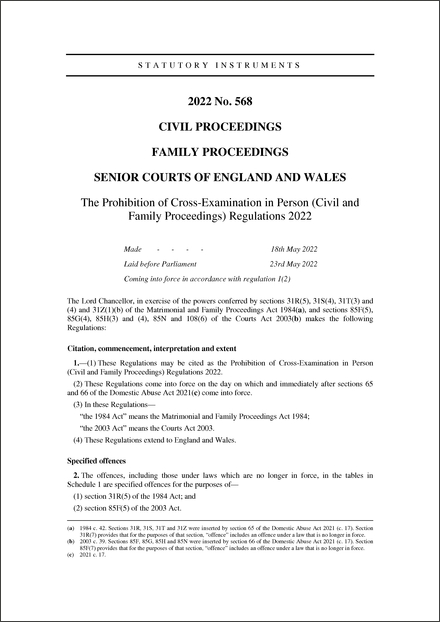 The Prohibition of Cross-Examination in Person (Civil and Family Proceedings) Regulations 2022