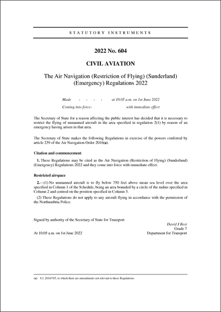 The Air Navigation (Restriction of Flying) (Sunderland) (Emergency) Regulations 2022