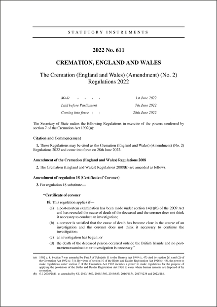 The Cremation (England and Wales) (Amendment) (No. 2) Regulations 2022