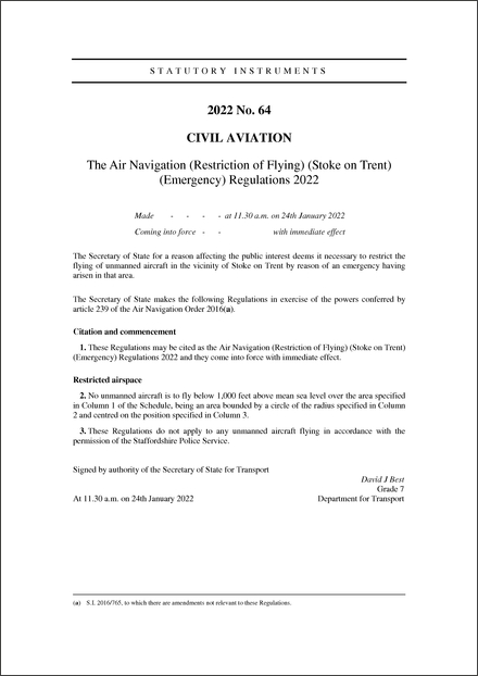 The Air Navigation (Restriction of Flying) (Stoke on Trent) (Emergency) Regulations 2022