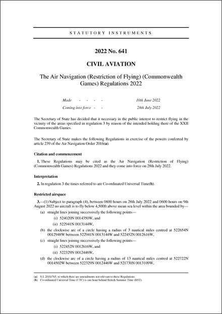 The Air Navigation (Restriction of Flying) (Commonwealth Games) Regulations 2022
