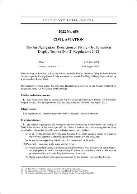 The Air Navigation (Restriction of Flying) (Jet Formation Display Teams) (No. 2) Regulations 2022
