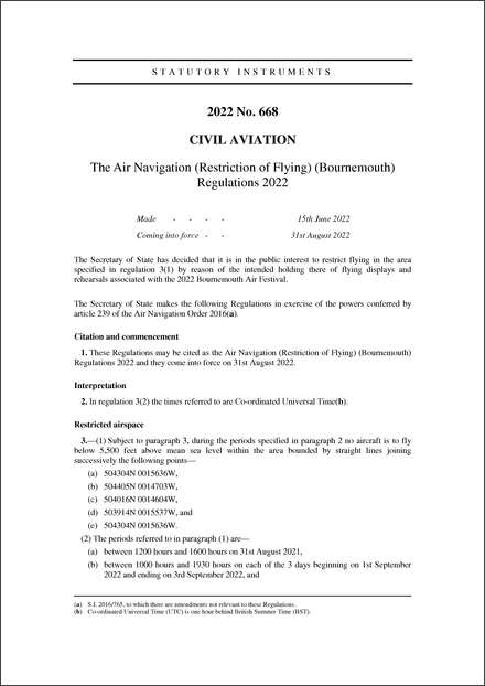 The Air Navigation (Restriction of Flying) (Bournemouth) Regulations 2022