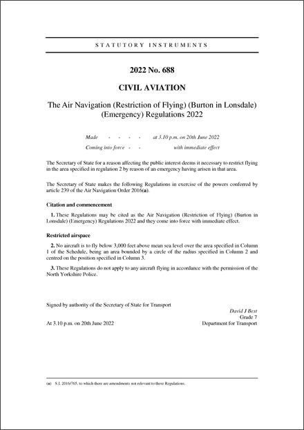 The Air Navigation (Restriction of Flying) (Burton in Lonsdale) (Emergency) Regulations 2022