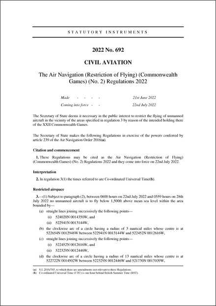 The Air Navigation (Restriction of Flying) (Commonwealth Games) (No. 2) Regulations 2022