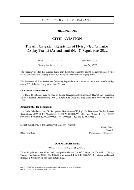 The Air Navigation (Restriction of Flying) (Jet Formation Display Teams) (Amendment) (No. 2) Regulations 2022