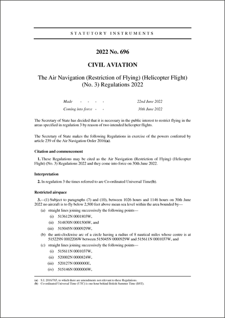 The Air Navigation (Restriction of Flying) (Helicopter Flight) (No. 3) Regulations 2022