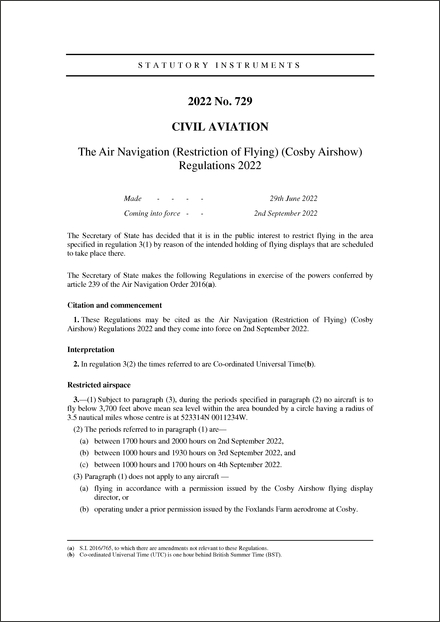 The Air Navigation (Restriction of Flying) (Cosby Airshow) Regulations 2022