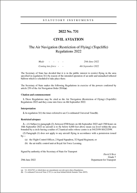 The Air Navigation (Restriction of Flying) (Topcliffe) Regulations 2022