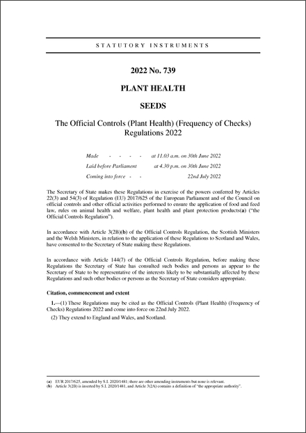 The Official Controls (Plant Health) (Frequency of Checks) Regulations 2022