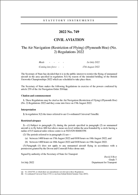 The Air Navigation (Restriction of Flying) (Plymouth Hoe) (No. 2) Regulations 2022