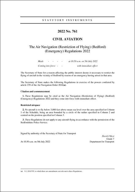 The Air Navigation (Restriction of Flying) (Bedford) (Emergency) Regulations 2022