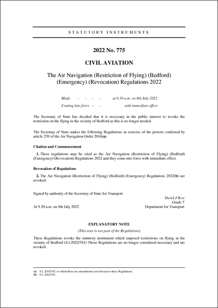 The Air Navigation (Restriction of Flying) (Bedford) (Emergency) (Revocation) Regulations 2022