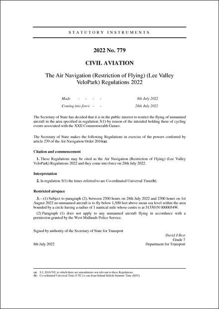 The Air Navigation (Restriction of Flying) (Lee Valley VeloPark) Regulations 2022