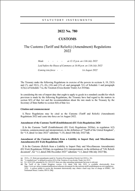 The Customs (Tariff and Reliefs) (Amendment) Regulations 2022