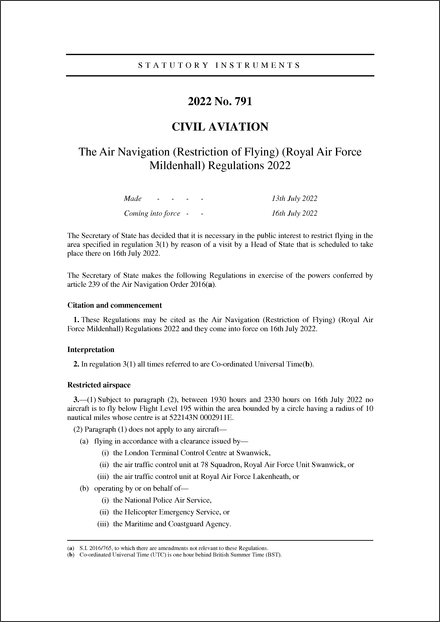 The Air Navigation (Restriction of Flying) (Royal Air Force Mildenhall) Regulations 2022
