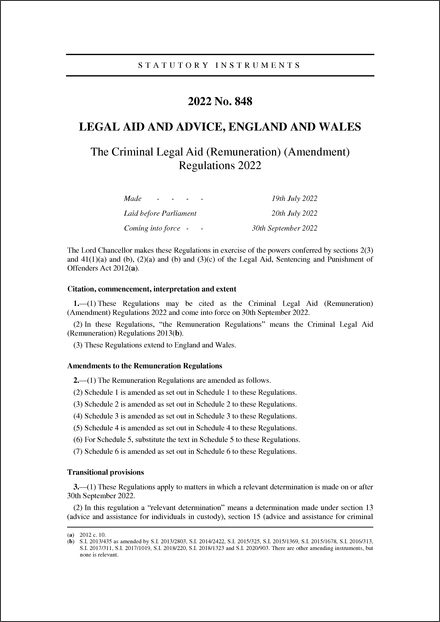 The Criminal Legal Aid (Remuneration) (Amendment) Regulations 2022