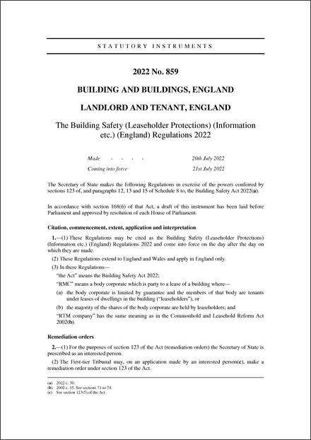 The Building Safety (Leaseholder Protections) (Information etc.) (England) Regulations 2022