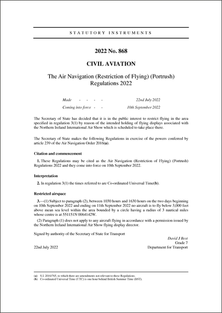 The Air Navigation (Restriction of Flying) (Portrush) Regulations 2022