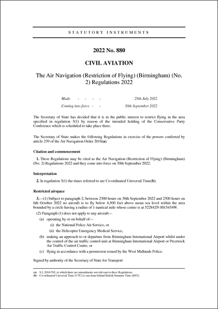 The Air Navigation (Restriction of Flying) (Birmingham) (No. 2) Regulations 2022