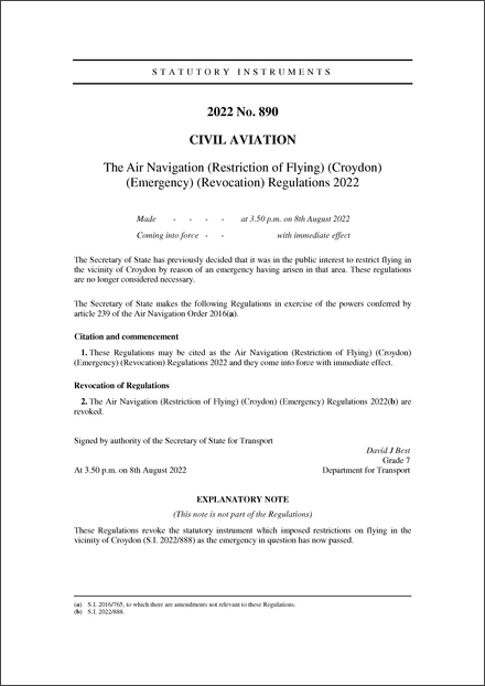 The Air Navigation (Restriction of Flying) (Croydon) (Emergency) (Revocation) Regulations 2022