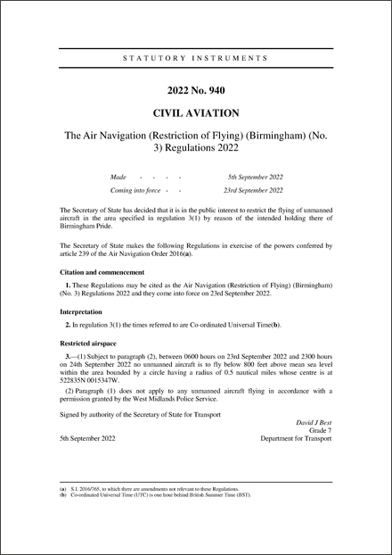 The Air Navigation (Restriction of Flying) (Birmingham) (No. 3) Regulations 2022