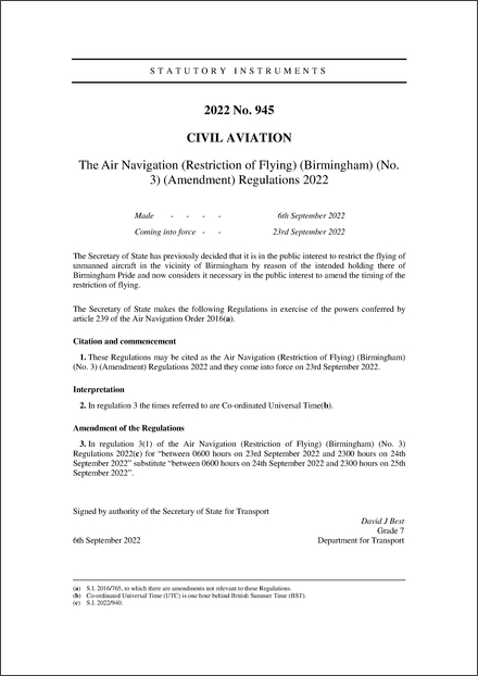 The Air Navigation (Restriction of Flying) (Birmingham) (No. 3) (Amendment) Regulations 2022
