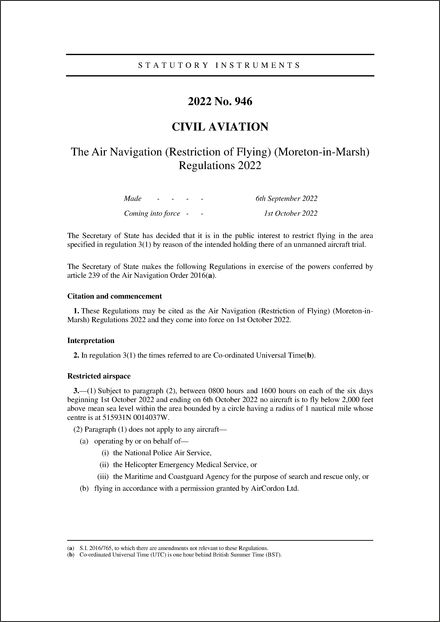 The Air Navigation (Restriction of Flying) (Moreton-in-Marsh) Regulations 2022