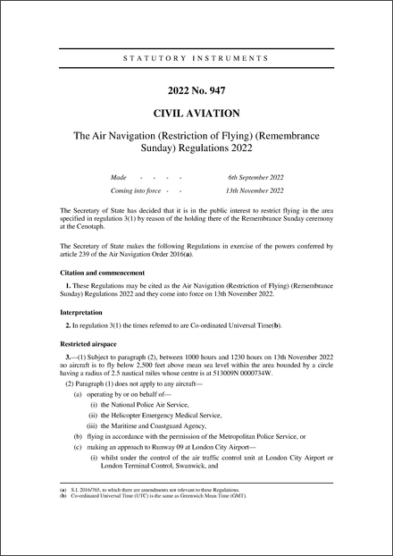 The Air Navigation (Restriction of Flying) (Remembrance Sunday) Regulations 2022