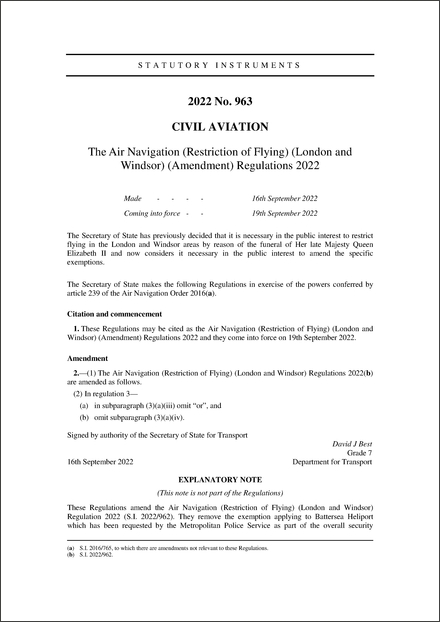 The Air Navigation (Restriction of Flying) (London and Windsor) (Amendment) Regulations 2022