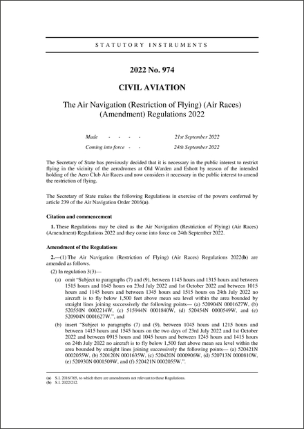 The Air Navigation (Restriction of Flying) (Air Races) (Amendment) Regulations 2022