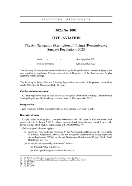 The Air Navigation (Restriction of Flying) (Remembrance Sunday) Regulations 2023