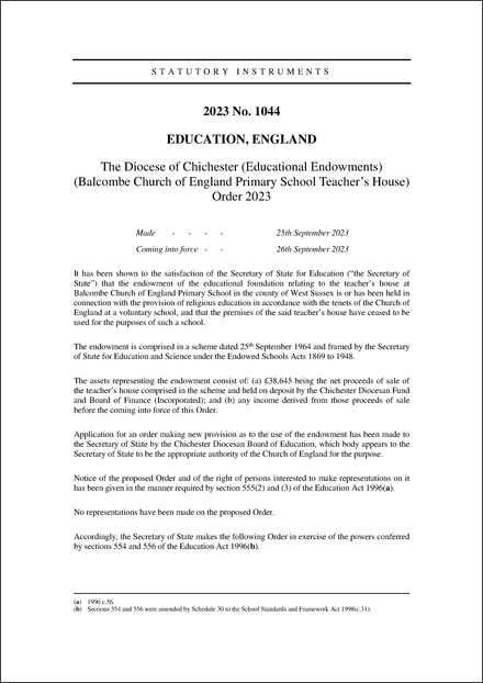 The Diocese of Chichester (Educational Endowments) (Balcombe Church of England Primary School Teacher’s House) Order 2023
