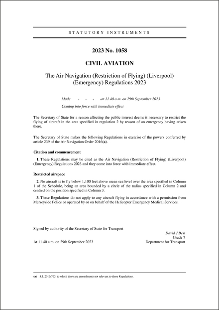 The Air Navigation (Restriction of Flying) (Liverpool) (Emergency) Regulations 2023
