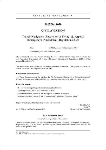 The Air Navigation (Restriction of Flying) (Liverpool) (Emergency) (Amendment) Regulations 2023
