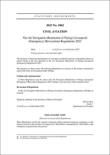 The Air Navigation (Restriction of Flying) (Liverpool) (Emergency) (Revocation) Regulations 2023
