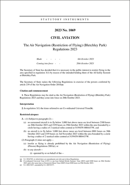 The Air Navigation (Restriction of Flying) (Bletchley Park) Regulations 2023