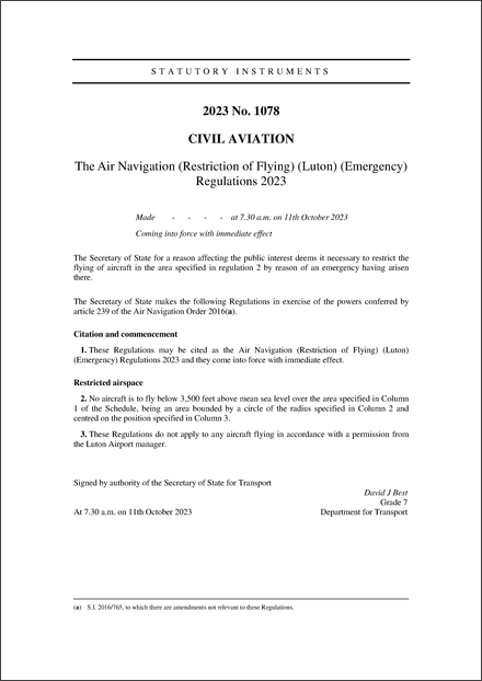 The Air Navigation (Restriction of Flying) (Luton) (Emergency) Regulations 2023