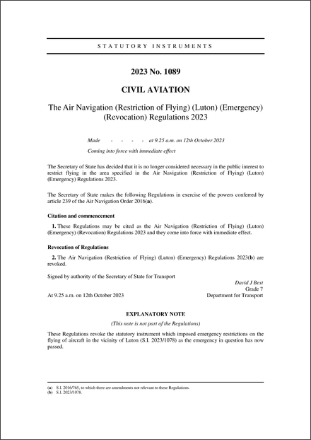 The Air Navigation (Restriction of Flying) (Luton) (Emergency) (Revocation) Regulations 2023