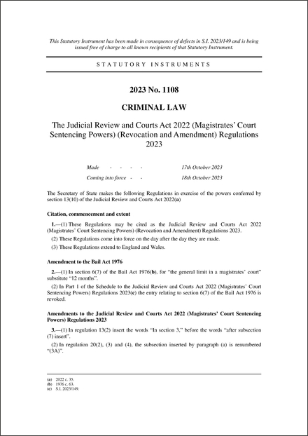 The Judicial Review and Courts Act 2022 (Magistrates’ Court Sentencing Powers) (Revocation and Amendment) Regulations 2023