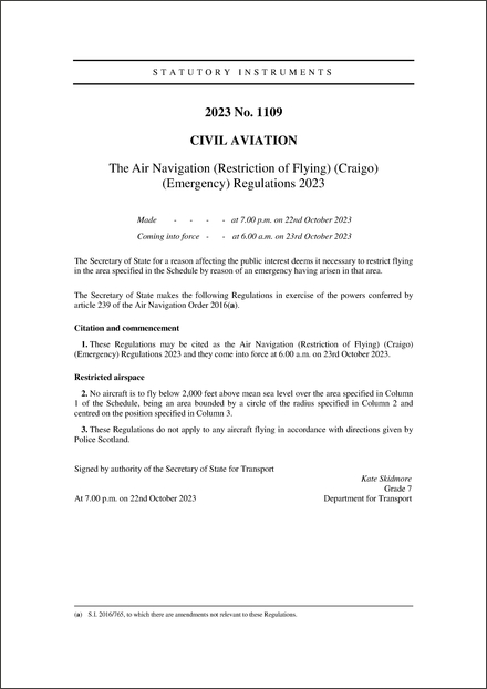 The Air Navigation (Restriction of Flying) (Craigo) (Emergency) Regulations 2023