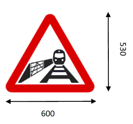 Red triangle surrounding a diagram of an oncoming train running alongside a level crossing