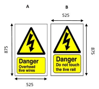Two yellow triangle signs with diagrams of electrical/lightning strike icons, text under reads: A – “Danger: Overhead live wires”, and B – “Danger: Do not touch the live rail”