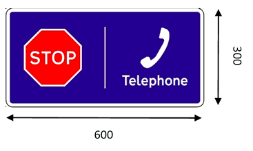 Blue rectangle with a Stop sign alongside a telephone diagram