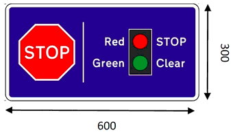 Blue rectangle with a Stop sign alongside a red stop and green clear signal diagram